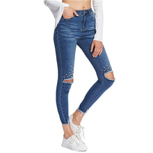 Load image into Gallery viewer, SHEIN Mid Waist Casual Jeans Woman Blue Jeans Button Fly for Women Zipper Fly Pearl Beading Destroyed Cut Hem Skinny Jeans