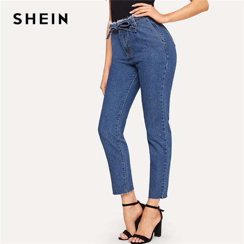 SHEIN Blue Frayed Edge Self Belted Zipper Fly Jeans Women Crop Pencil Trousers Office Lady Spring Workwear Casual Denim Pants