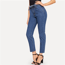 Load image into Gallery viewer, SHEIN Blue Frayed Edge Self Belted Zipper Fly Jeans Women Crop Pencil Trousers Office Lady Spring Workwear Casual Denim Pants