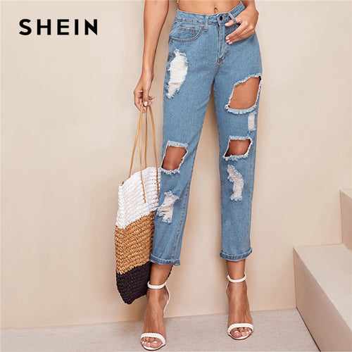 SHEIN Blue Destroyed Ripped Detail Cut-out Crop Jeans Women Spring Casual Denim Trousers Steetwear Solid Pencil Pants Jeans