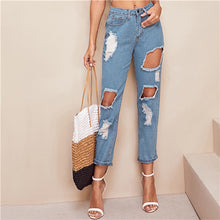 Load image into Gallery viewer, SHEIN Blue Destroyed Ripped Detail Cut-out Crop Jeans Women Spring Casual Denim Trousers Steetwear Solid Pencil Pants Jeans