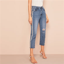 Load image into Gallery viewer, SHEIN Navy Side Striped Tape Ripped Detail Crop Tapered Jeans Women Elegant OL Work 2019 Spring Solid High Waist Trousers