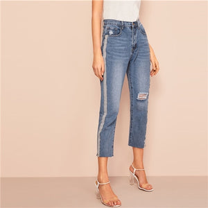 SHEIN Navy Side Striped Tape Ripped Detail Crop Tapered Jeans Women Elegant OL Work 2019 Spring Solid High Waist Trousers